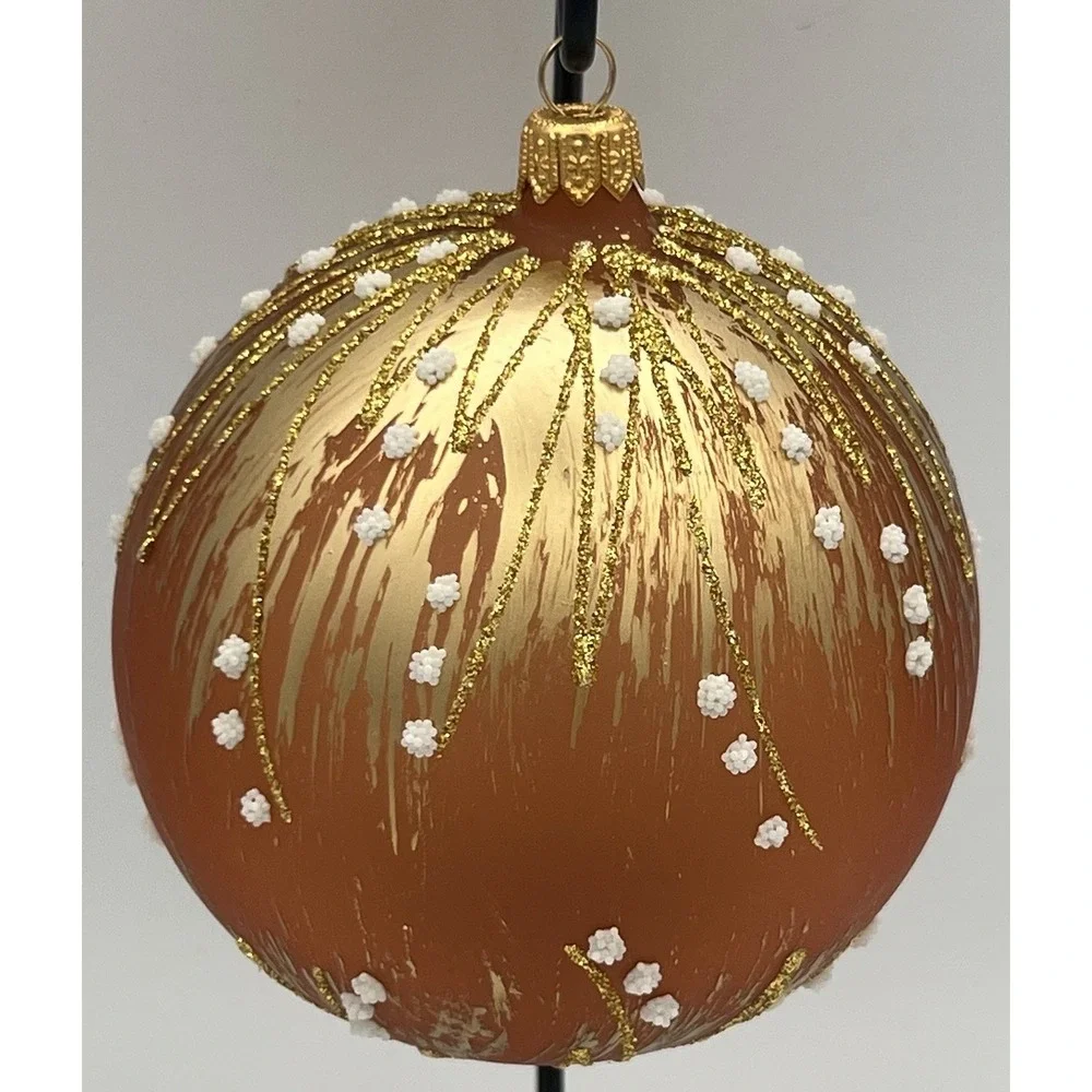 Orange Blown Glass Christmas Ornament Snow Falling Gold Glitter Made in Romania